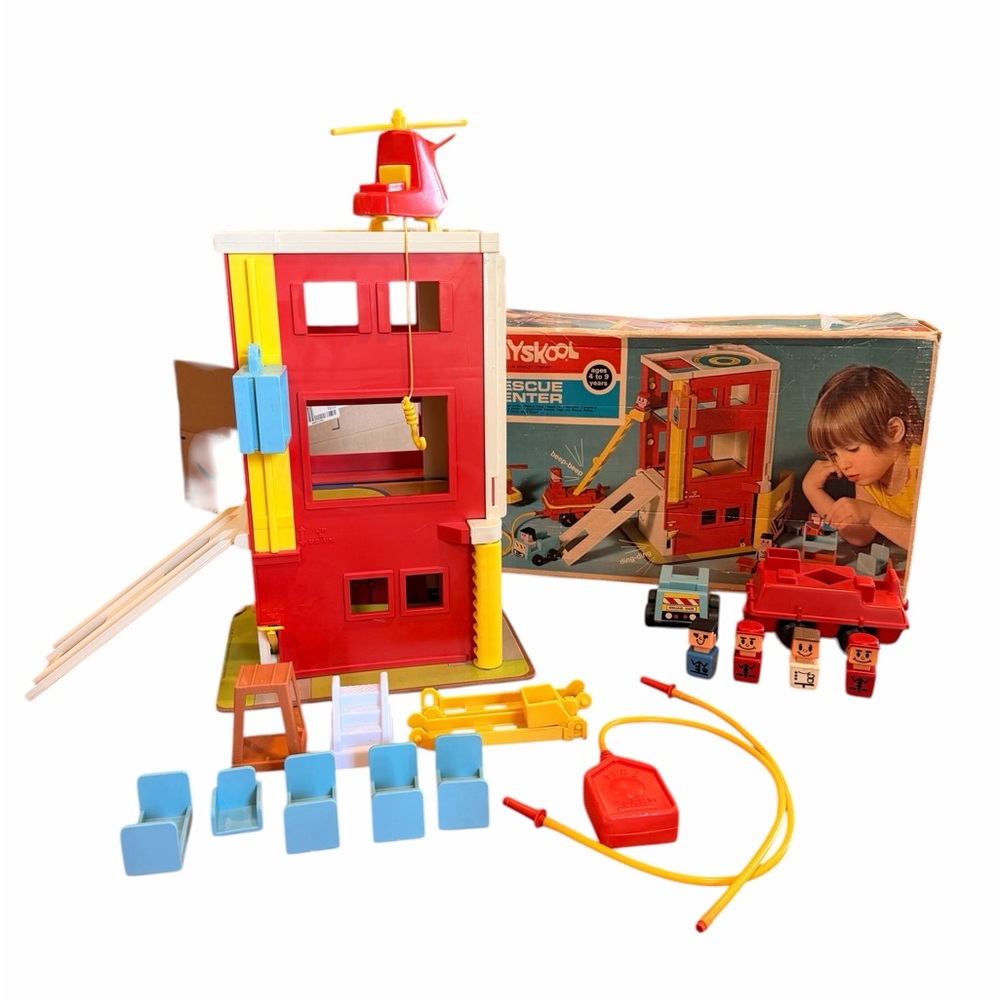 Vintage PlaySkool Rescue Center Playset - Red and Yellow Imaginative Playset